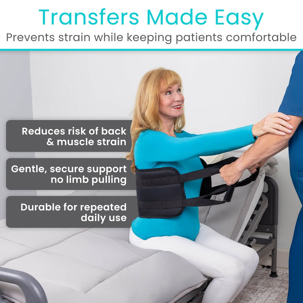 Woman using a transfer aid with text highlighting its benefits