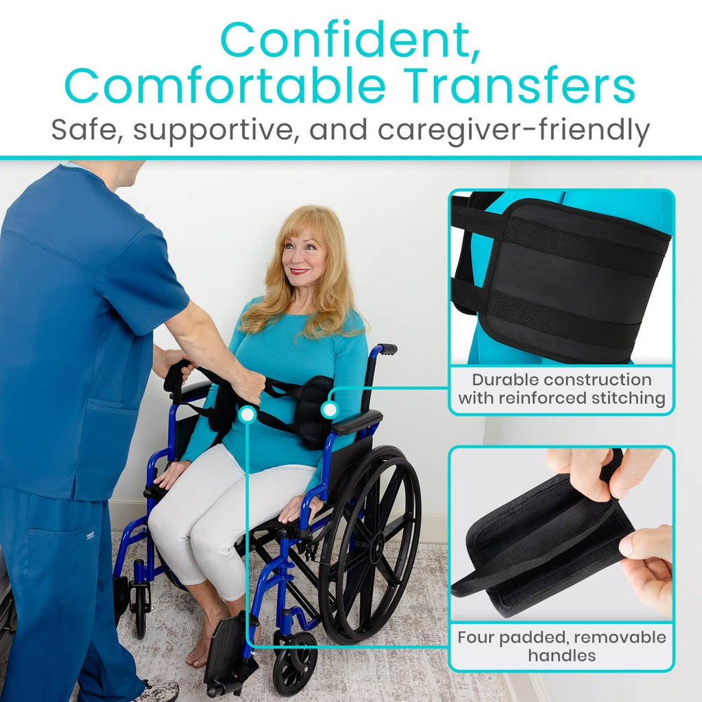 Person assisting a woman in a wheelchair with transfer aid, highlighting safety and support features.