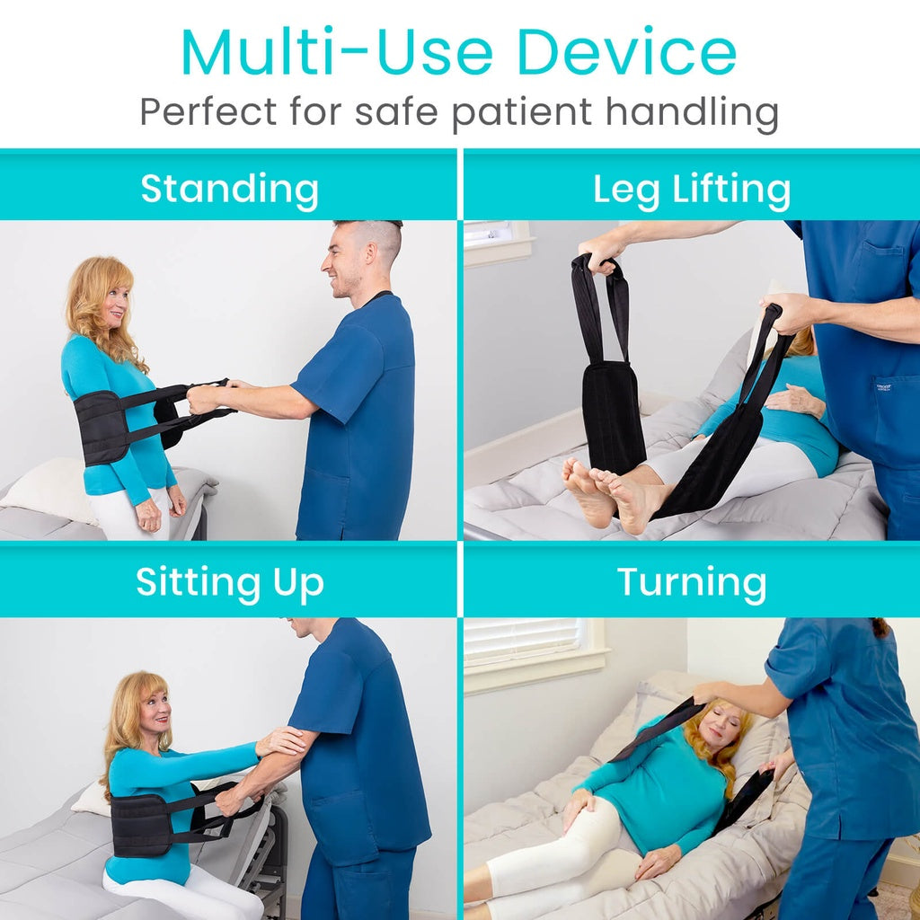 Multi-use device for safe patient handling with images of use cases.
