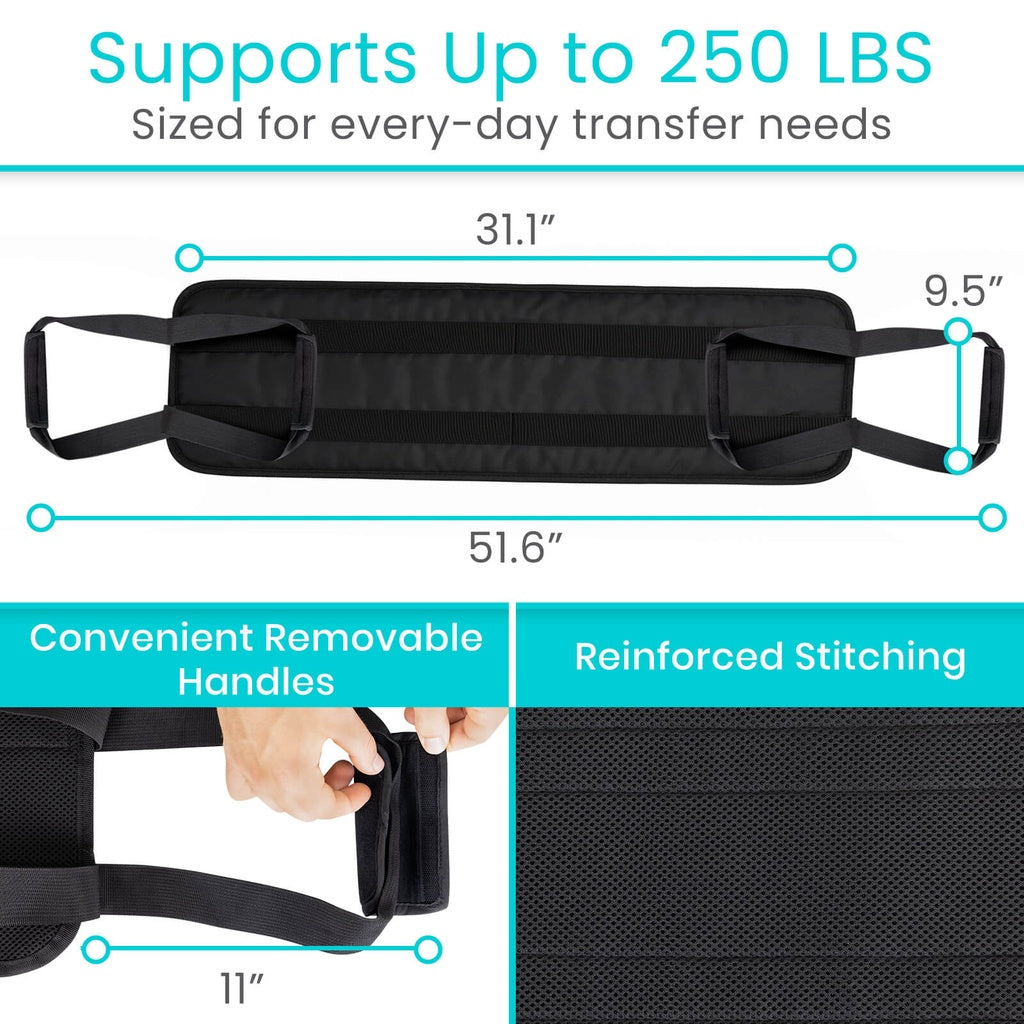 Black transfer belt with measurements and features on a white background