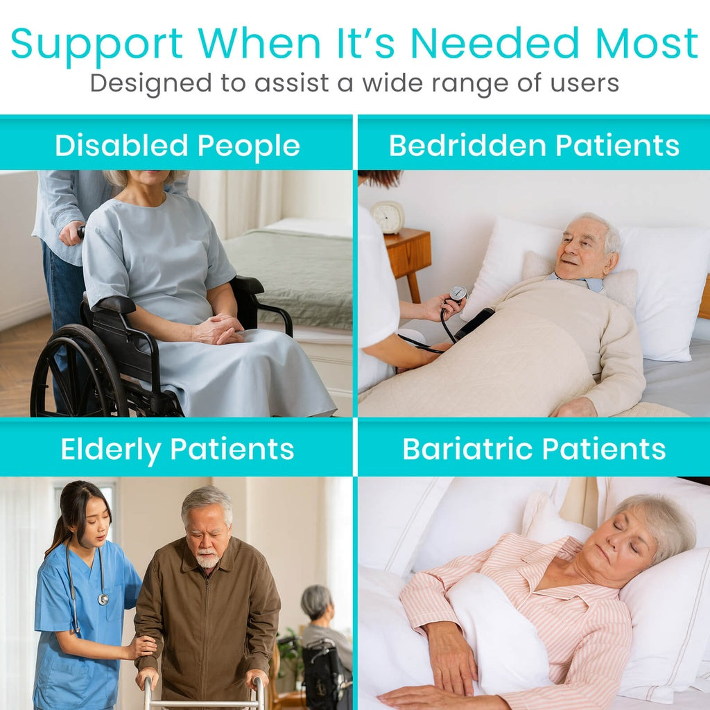 Product advertisement showing support for disabled, bedridden, elderly, and bariatric patients.