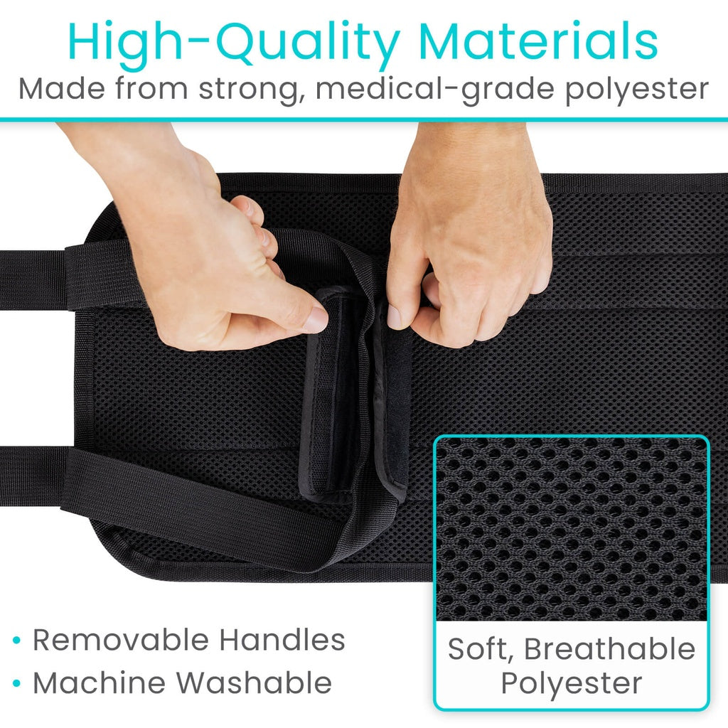 Black bag with hands holding it, featuring text about high-quality materials and features.