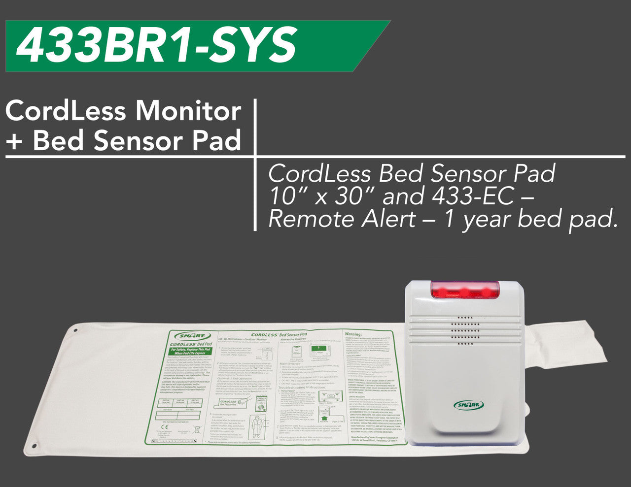 Cordless monitor and bed sensor pad with product details on a gray background