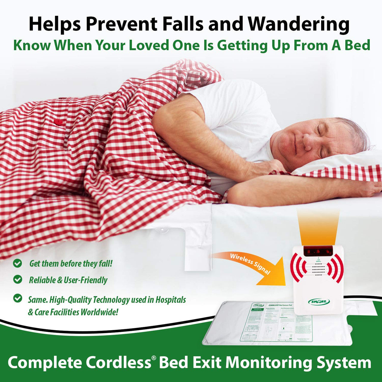 Advertisement for a bed exit monitoring system with a person in bed and product packaging.
