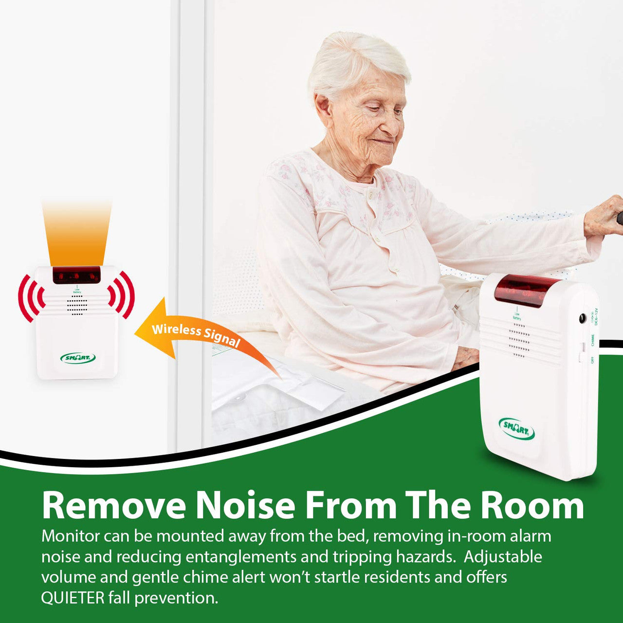 Advertisement for a noise removal device for elderly care, featuring an older woman and product illustration.