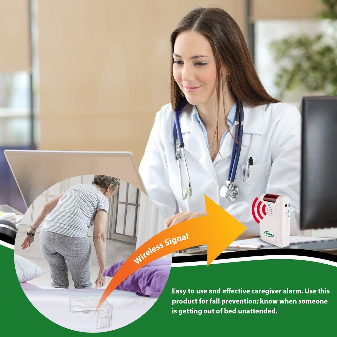 Doctor using a laptop with a wireless signal icon, indicating a caregiver alarm system.