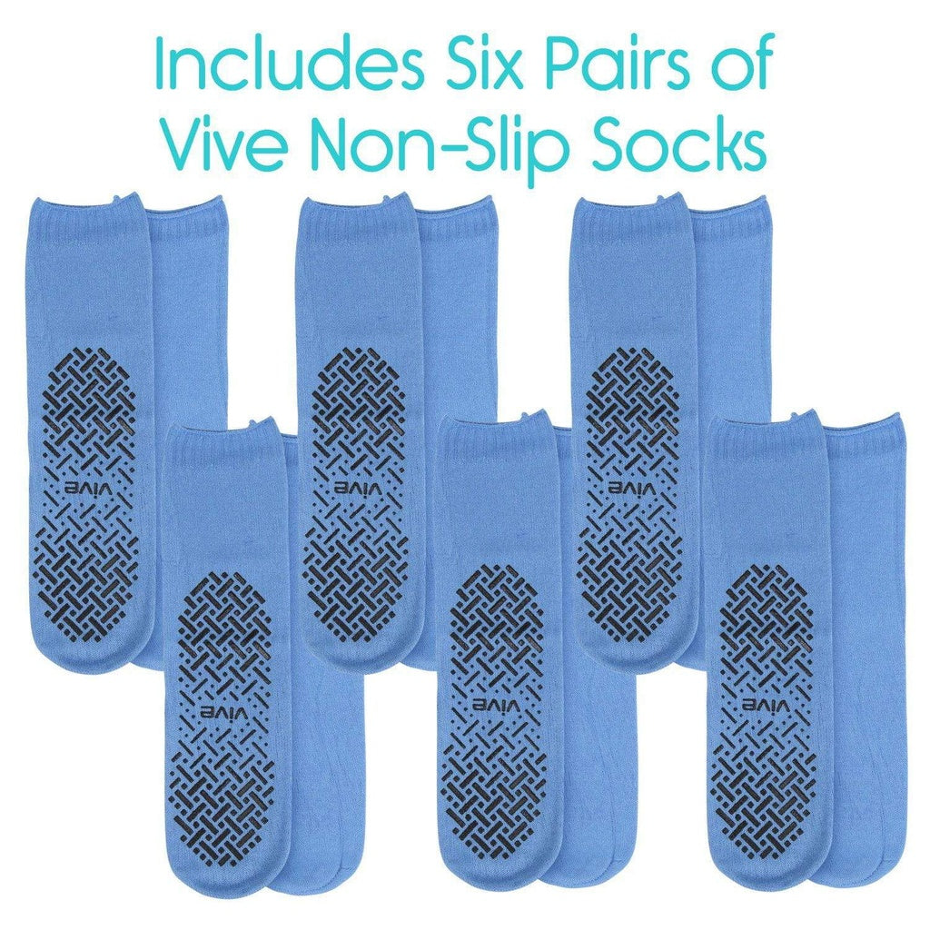Six pairs of blue Vive non-slip socks on a white background with text.