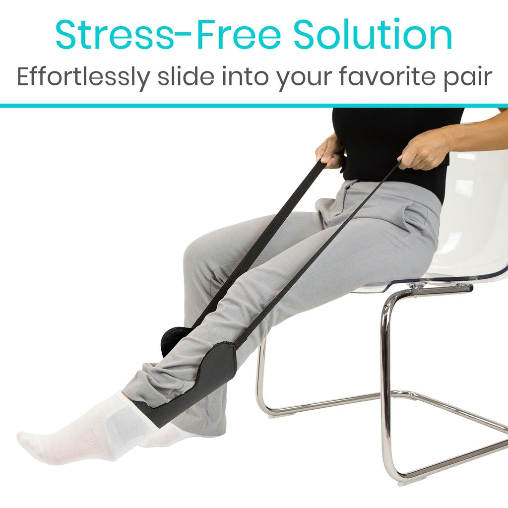 Person using a leg strap solution on a chair with text 'Stress-Free Solution' and 'Effortlessly slide into your favorite pair'.