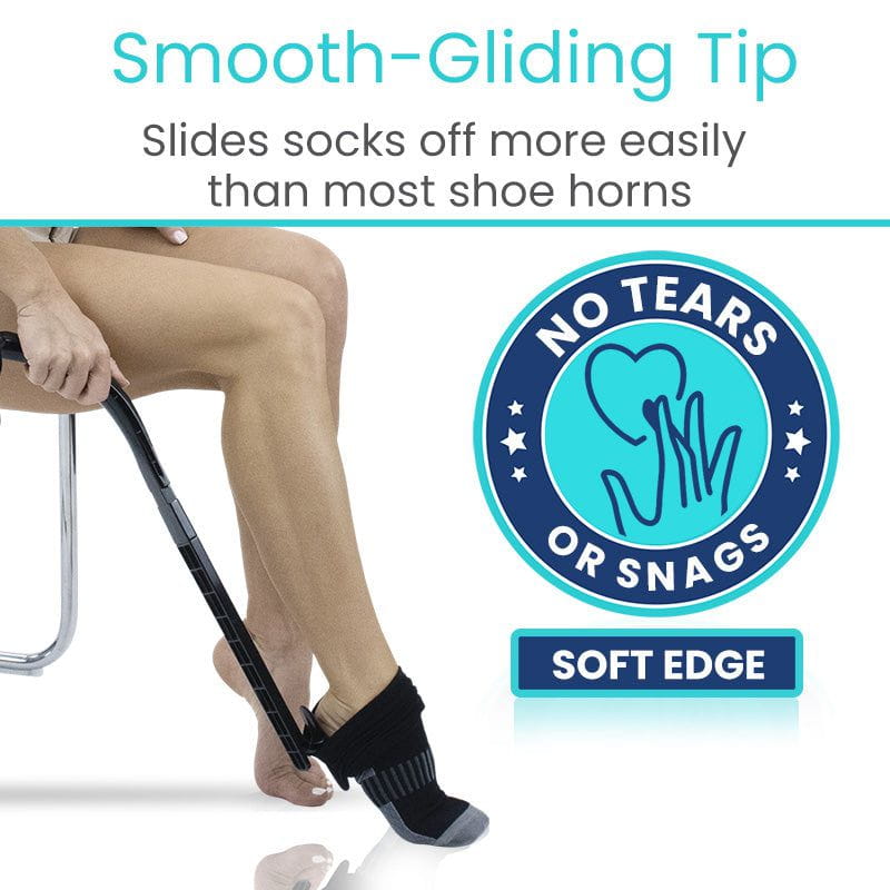 Person using a sock aid to put on socks with text highlighting its features.
