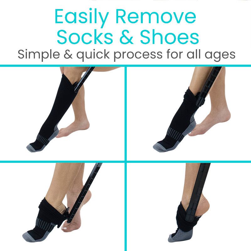 Product showing socks and shoes being easily removed with text 'Easily Remove Socks & Shoes' on a white background.