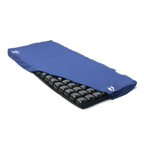 Blue inflatable camping mattress on a white background
