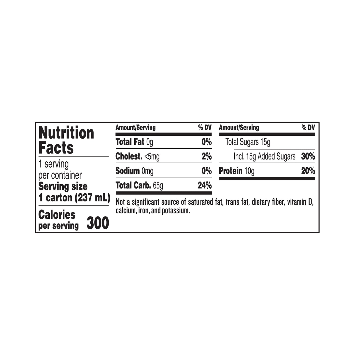 Nutrition facts label for a product with detailed information on calories, fat, sugars, and other nutrients per serving.