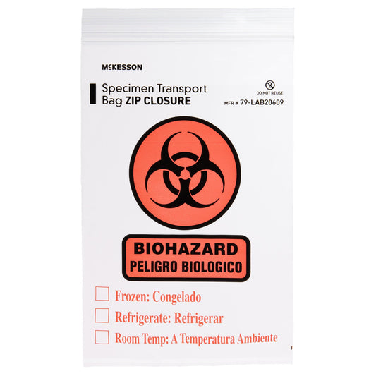 Specimen transport bag with biohazard symbol and McKesson branding on a white background