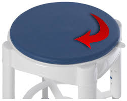 Round blue object with a red arrow on top, mounted on a white stand.