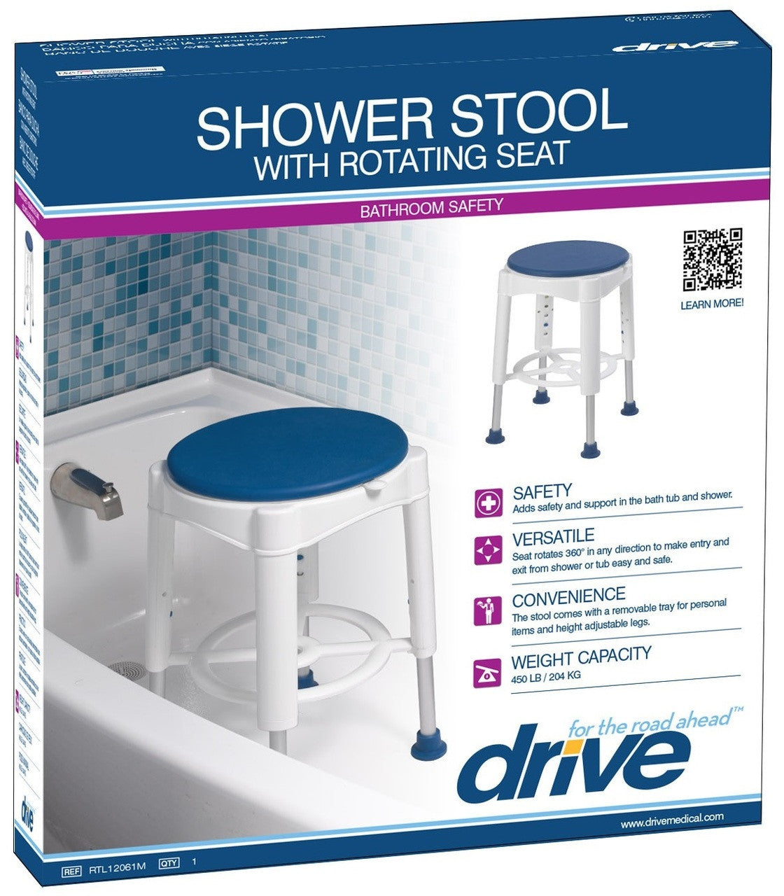 Box of a shower stool with rotating seat by Drive Medical, featuring images of the product and text about its features.