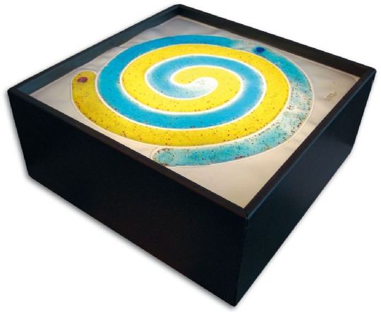 Decorative box with a colorful spiral design on a white background