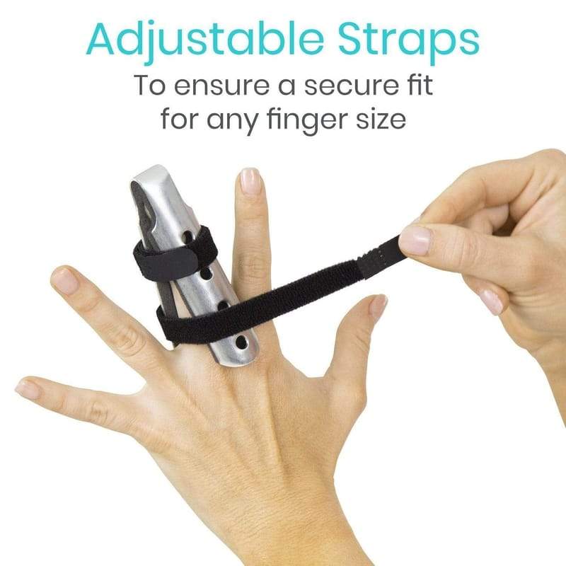 Finger protector with adjustable straps being worn on a finger, with text indicating secure fit for any finger size.