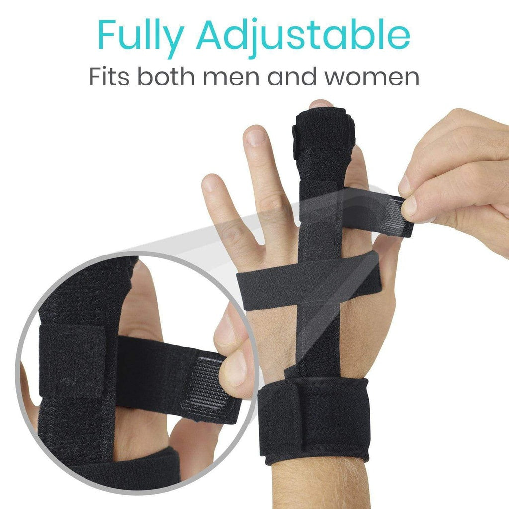 Black finger splint being adjusted on a hand with text 'Fully Adjustable Fits both men and women' on a white background.