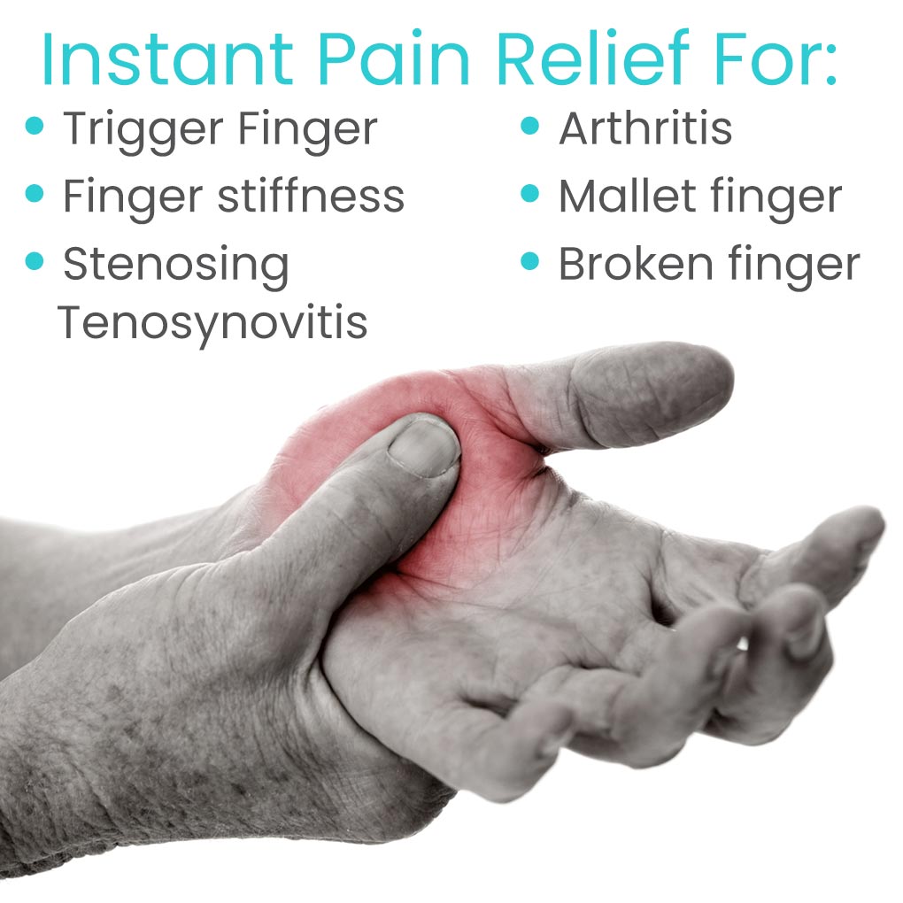 Hand with pain in a finger, showing conditions like trigger finger and arthritis, with text about instant pain relief.