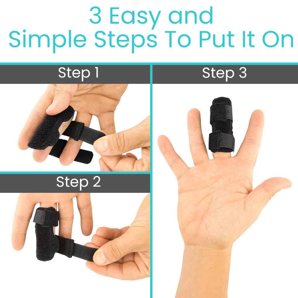 Step-by-step guide on how to put on a black finger splint with text '3 Easy and Simple Steps To Put It On'.