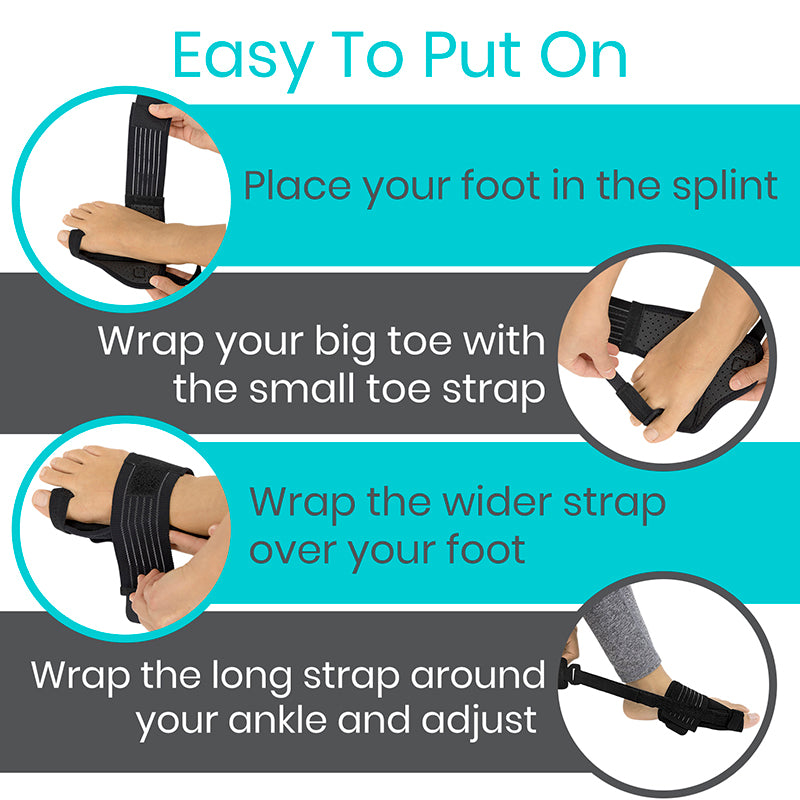 Instructions on how to put on a foot splint with step-by-step illustrations.
