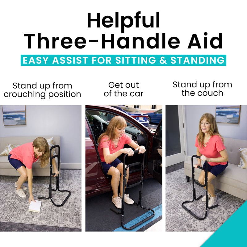 Three-handle aid product with usage scenarios on a white background