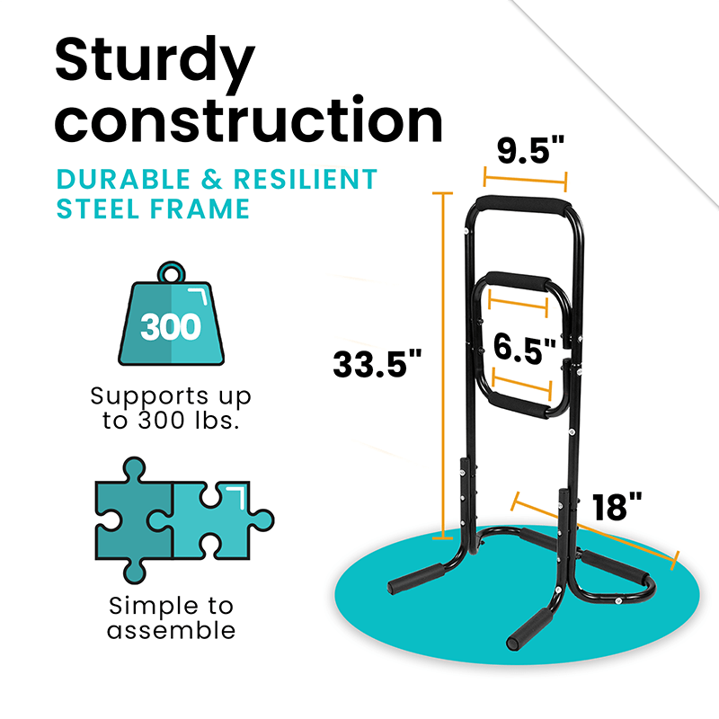 Product illustration with dimensions and features of a durable steel frame stand.
