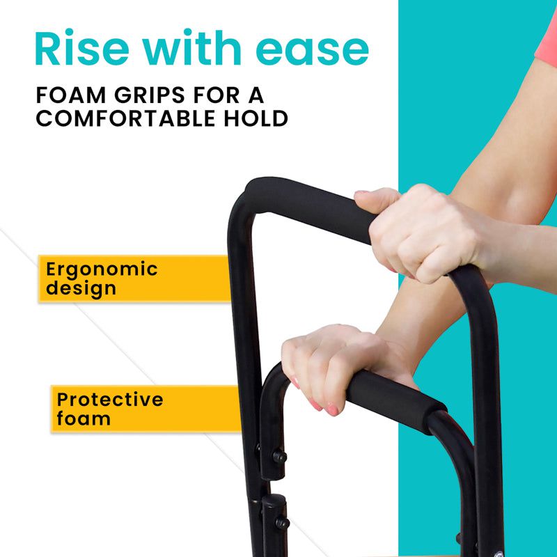 Foam grips with text highlighting features on a white and teal background