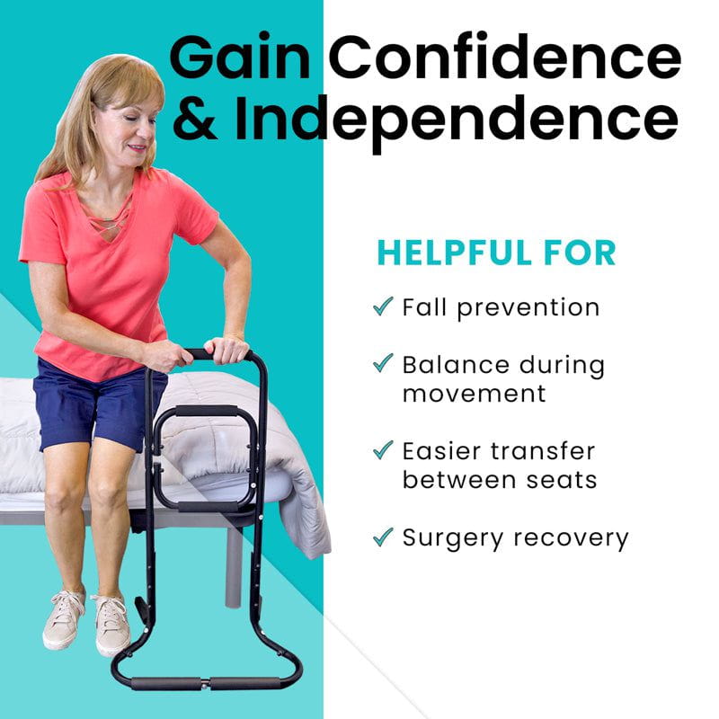 Woman using a mobility aid with text about confidence, independence, and product benefits on a teal and white background.