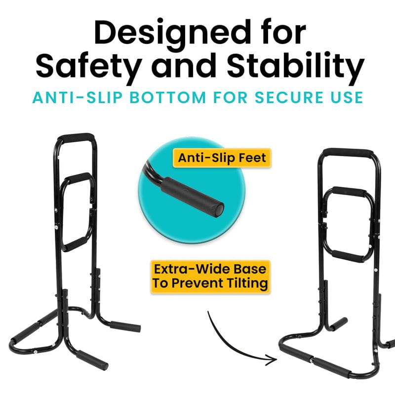 Black stand with anti-slip feet and wide base design, emphasizing safety and stability.