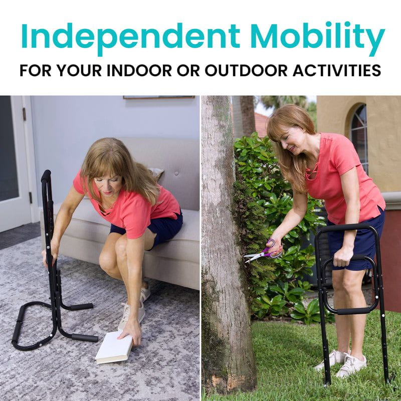 Woman using a mobility aid in an indoor and outdoor setting with text 'Independent Mobility for your indoor or outdoor activities'.