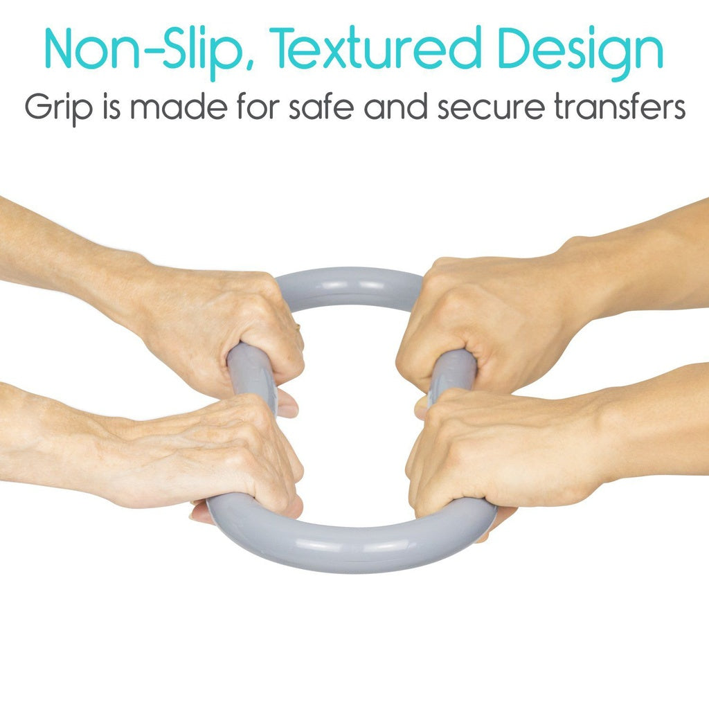 Two hands gripping a gray handle with text about non-slip design on a white background
