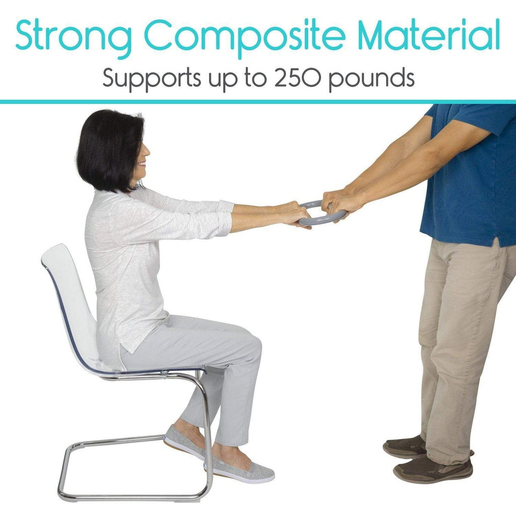 Person pulling a chair with text about strong composite material capacity