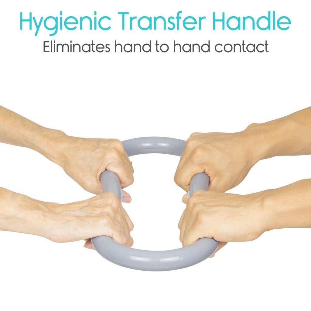 Two hands holding a gray hygienic transfer handle with text on a white background