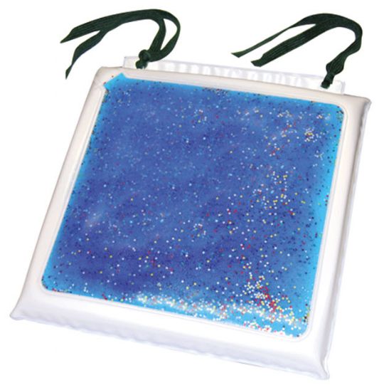 Blue glittery cushion with straps on a white background