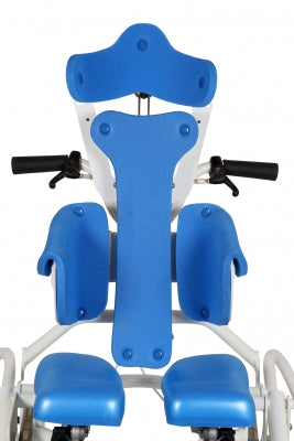 Blue and white medical chair with headrest and armrests on a white background