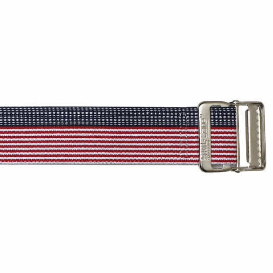 Navy, red, and white striped belt with a silver buckle on a white background