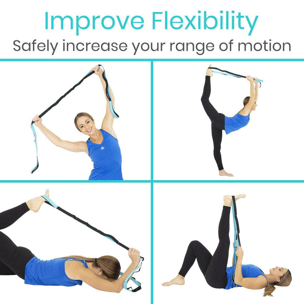 Woman using a resistance band for flexibility exercises with text 'Improve Flexibility: Safely increase your range of motion'.