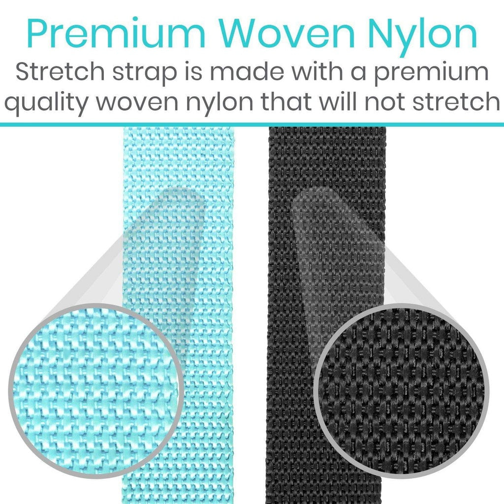 Two stretch straps, one blue and one black, with close-up views of their woven textures and text about premium quality.