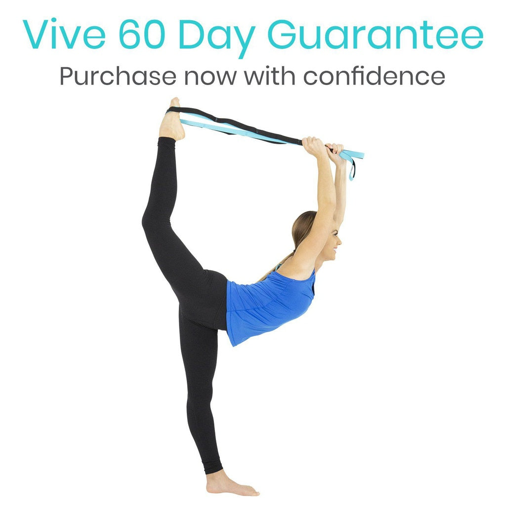 Person stretching with a resistance band on a white background, promoting a 'Vive 60 Day Guarantee'.