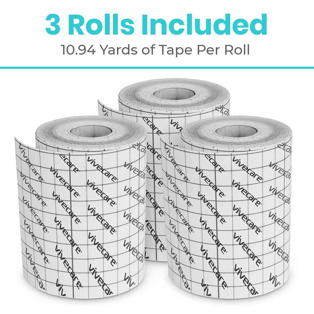 Three rolls of VIVETARE tape with text indicating the quantity and length per roll on a white background.