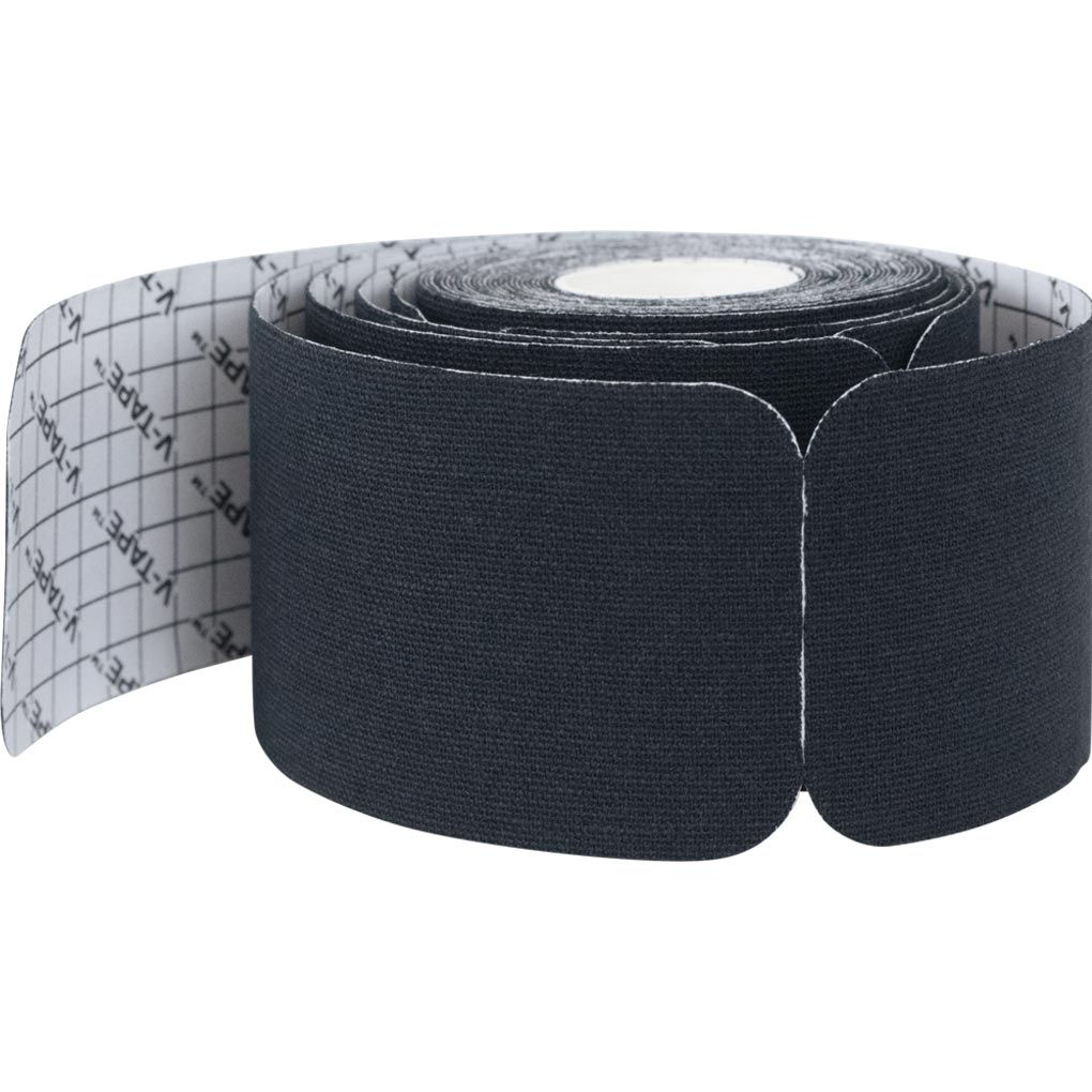 Roll of black kinesiology tape with a white label on a white background