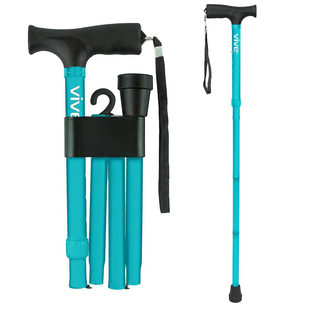 Turquoise walking cane with black handle and adjustable strap on a white background