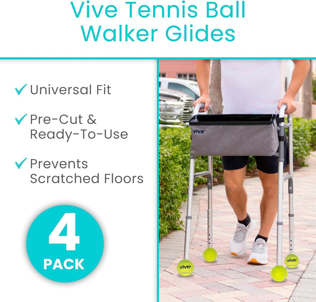 Vive Tennis Ball Walker Glides with person using walker on sidewalk