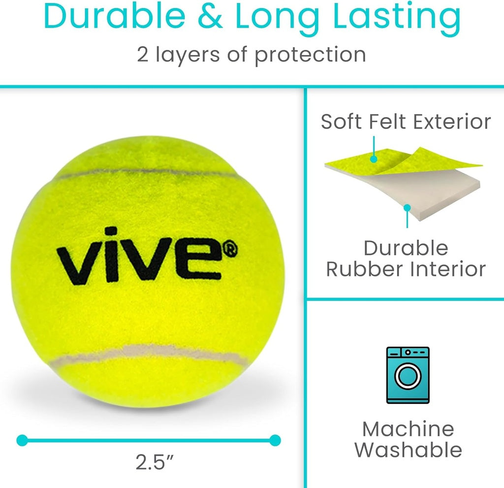 Yellow tennis ball with 'Vive' branding, showing features like soft felt exterior and durable rubber interior.