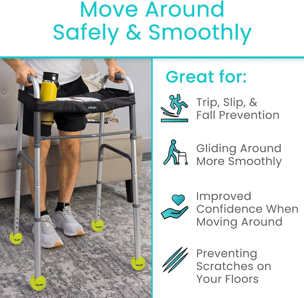 Person using a walker with text highlighting its benefits on a white background
