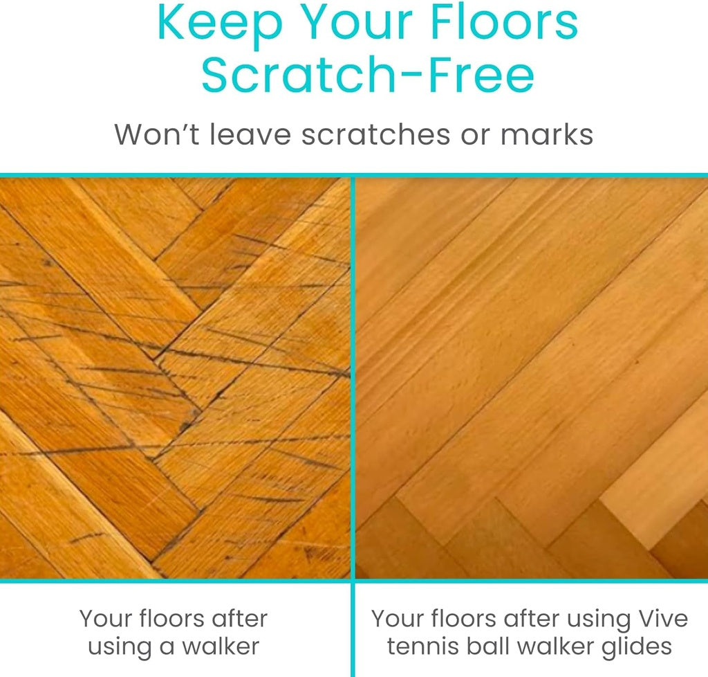 Comparison of wooden floor before and after using Vive tennis ball walker glides with text 'Keep Your Floors Scratch-Free'.