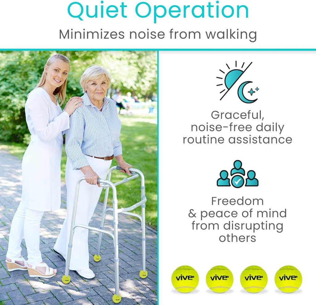 Two women using a walker with text about quiet operation and Vive branding.