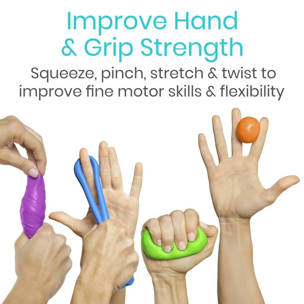 Hands using various hand exercisers with text on improving hand and grip strength.