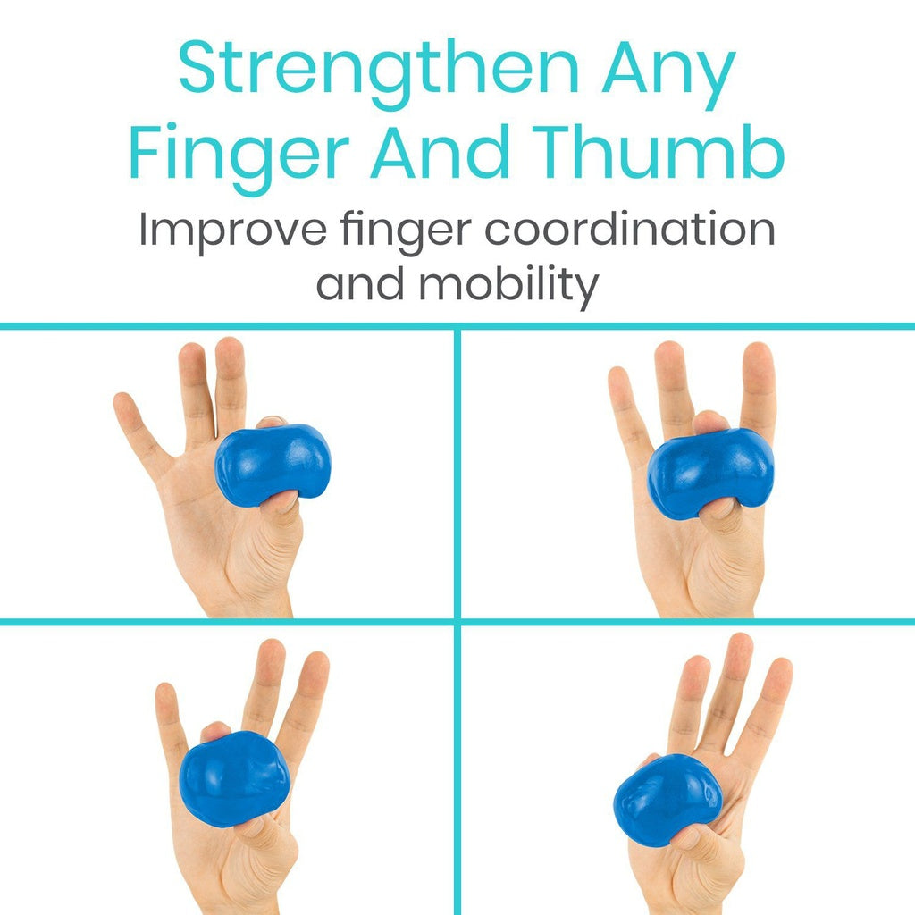 Blue finger exercise ball used to strengthen fingers and improve coordination on a white background.